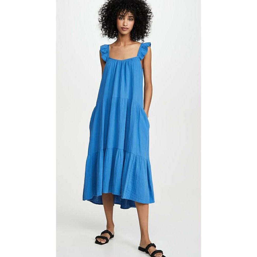 Xirena Blue Spell Rumer Gauze Tiered Cotton Midi Dress w/ Pockets, size L